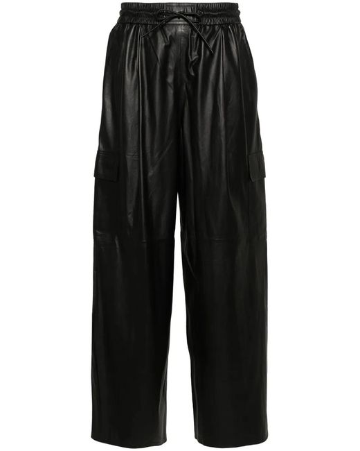 Yves Salomon Black Wide-Leg Leather Cargo Trousers