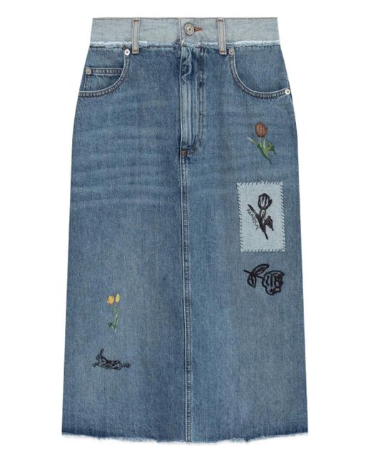 Jupe Mi-Longue En Jean À Fleurs Brodées Marni en coloris Blue