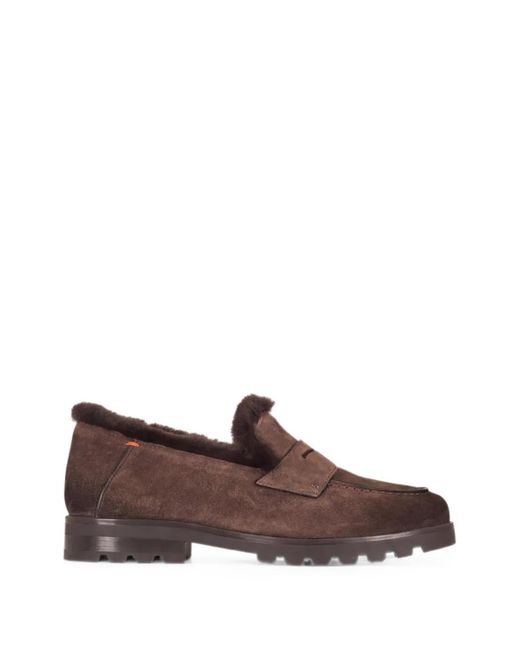 Santoni Brown Shearling-Lined Suede Loafers