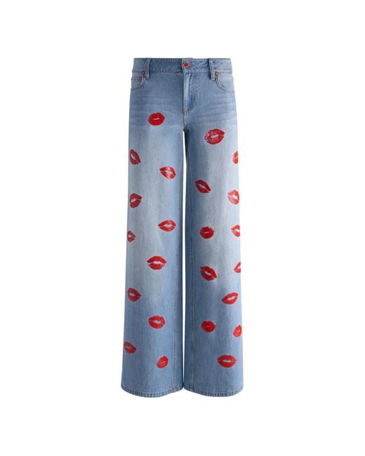 Alice + Olivia Blue Amazing Lips-Print Baggy Jeans