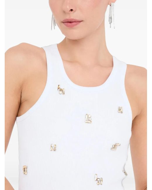 Liu Jo White Ribbed Bejewelled Tank Top