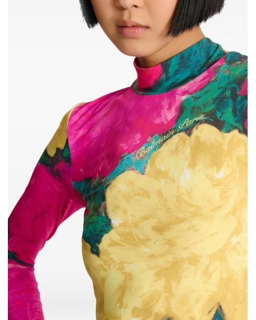 Balmain Pink Printed High-Neck Top