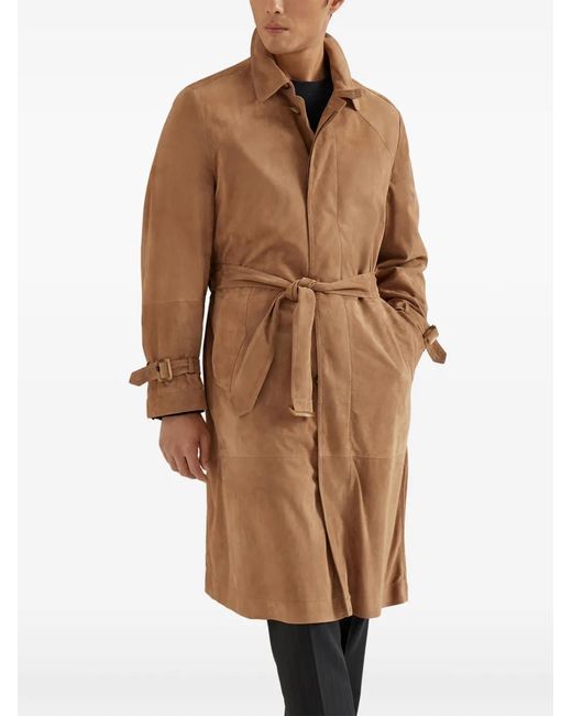 Brunello Cucinelli Brown Suede Belted Coat for men
