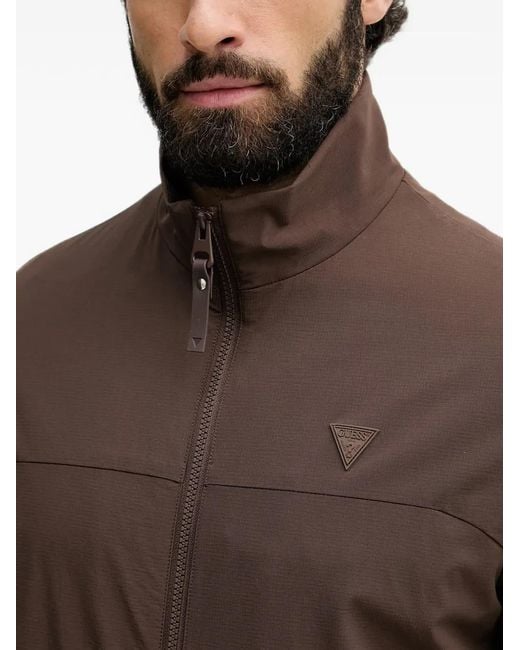 Guess Brown Logo-Patch Zip-Up Jacket for men