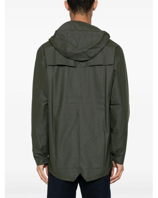 Rains Green Drawstring-hooded Buttoned Rain Jacket