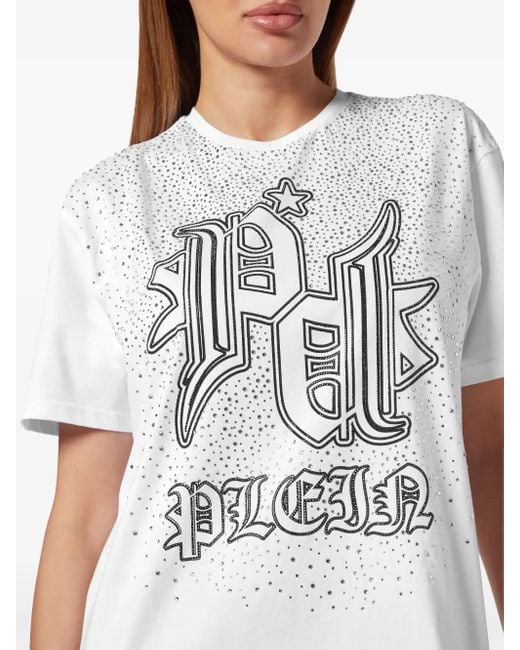 Philipp Plein White Crystal-Logo T-Shirt Dress