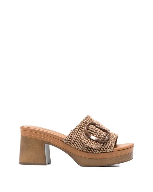Carmela Brown Buckle-Detail Woven Sandals