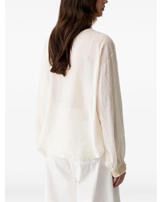 Haveone Natural Lace-Trim Button-Up Blouse