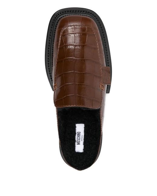 Moschino Brown Crocodile-Effect Leather Mules