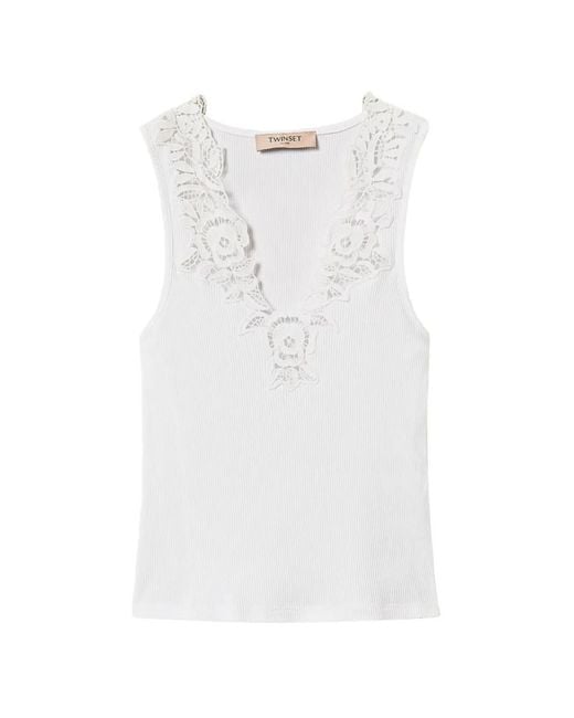 Twinset White Ribbed Top With Lace