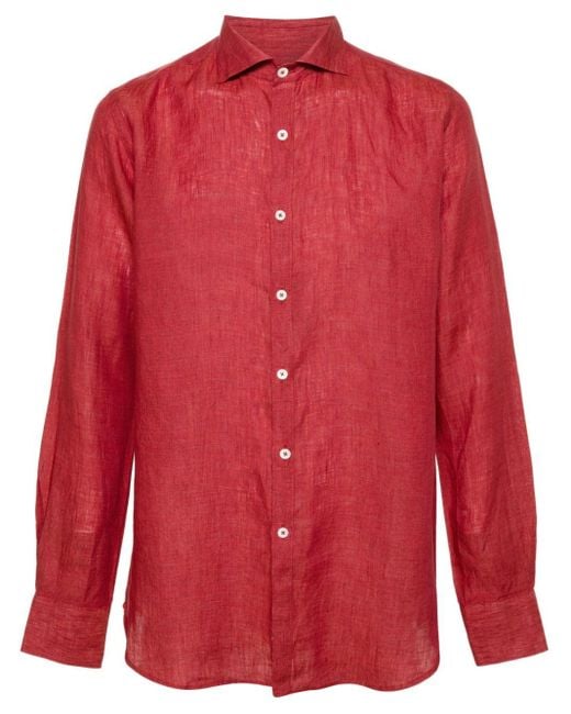 Canali Red Slub-texture Linen Shirt for men