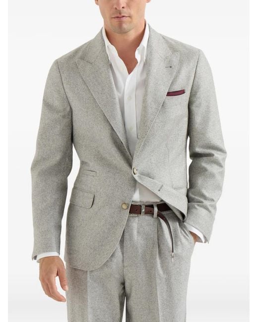 Brunello Cucinelli Gray Silk And Cashmere Cavalry Tweed Deconstructed Blazer With Large Peak Lapels for men