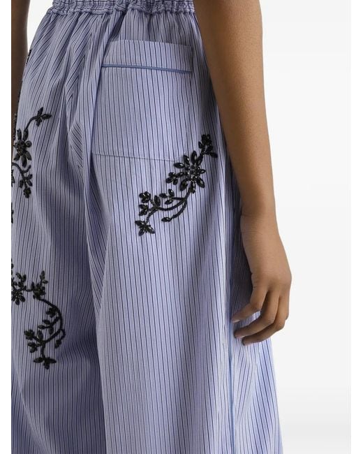 Dolce & Gabbana Blue Striped Poplin Trousers With Flowers Embroidery