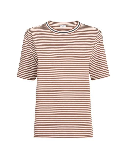 Brunello Cucinelli White Striped Cotton Jersey T-Shirt With Precious Neckline
