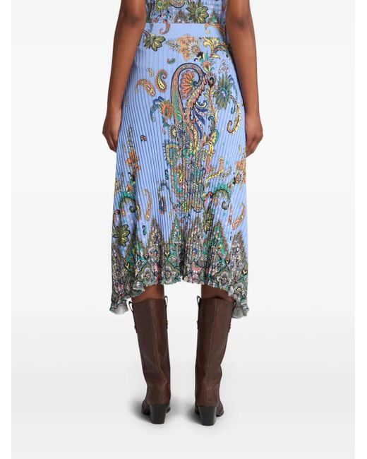 Etro Blue Blumiges paisley plissiertes midi-rock