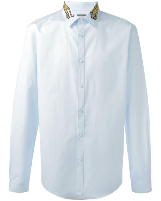 Gucci Cotton Tiger Embroidered Collar Shirt in Blue for Men | Lyst