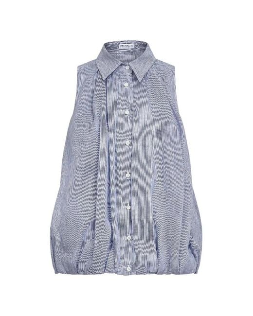 Brunello Cucinelli Blue Chemise Plissée À Rayures