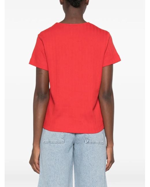 Stine Goya Red Ribbed Bow-Detail T-Shirt