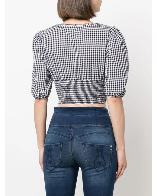 Patrizia Pepe Blue Balloon-Sleeve Gingham-Print Crop Top