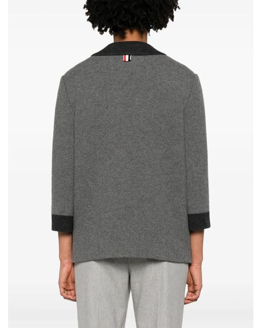 Thom Browne Gray Contrasting-Trim Wool Blend Cardi-Coat