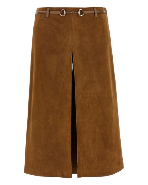 Gucci Brown Horsebit Suede Midi Skirt