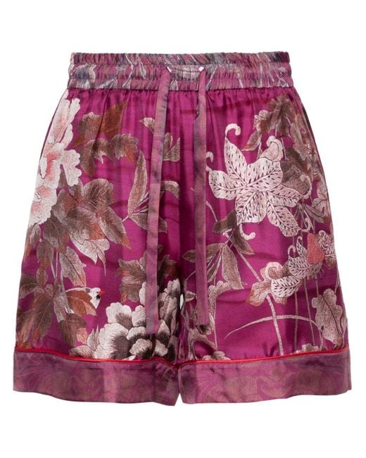 Pierre Louis Mascia Purple Shorts aus Seide mit Blumen-Print