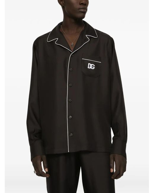 Dolce & Gabbana Black Silk Shirt With Dg Logo-Embroidered Patch for men