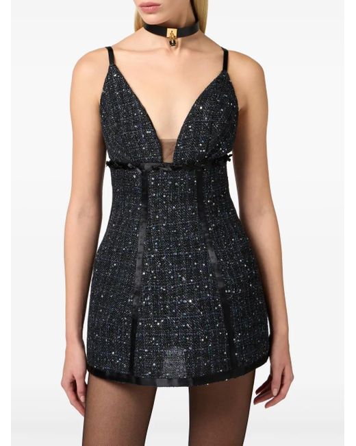 Elisabetta Franchi Black Tweed Sequins And Bows Dress