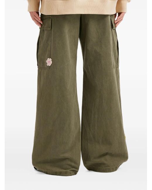 Mini Cream Green Flower-Appliqué Cargo Trousers