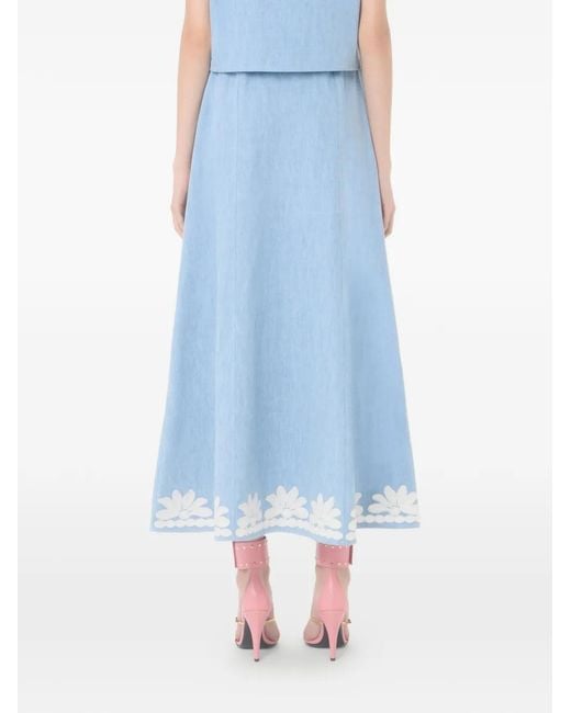 Valentino Garavani Blue Embroidered Denim Midi Skirt