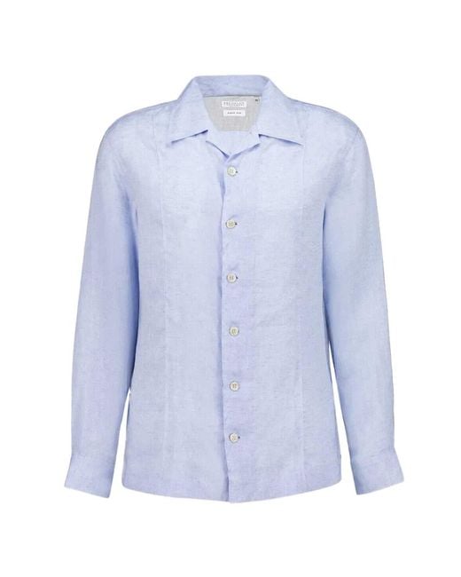 Brunello Cucinelli Blue Buttoned Linen Shirt for men