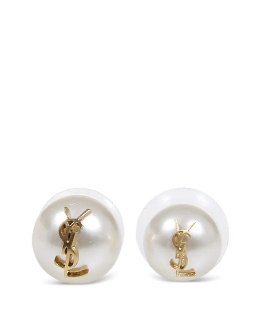 Saint Laurent White Ysl Plaque Pearl Earrings