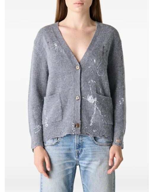 R13 Gray Boy Paint-Splatter Distressed Cardigan