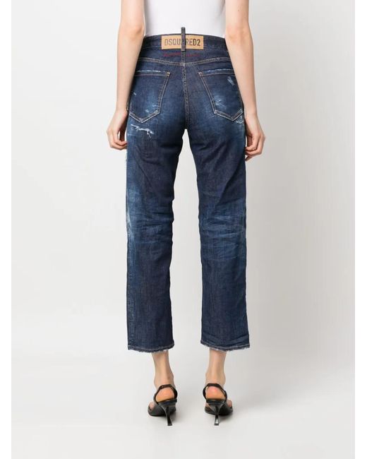DSquared² Blue Distressed-Effect High-Waisted Jeans