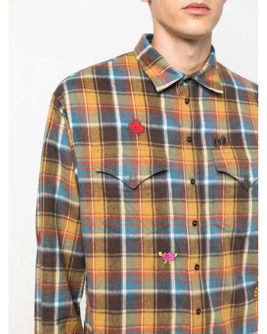DSquared² Brown Embroidered-Detail Plaid-Check Print Shirt for men