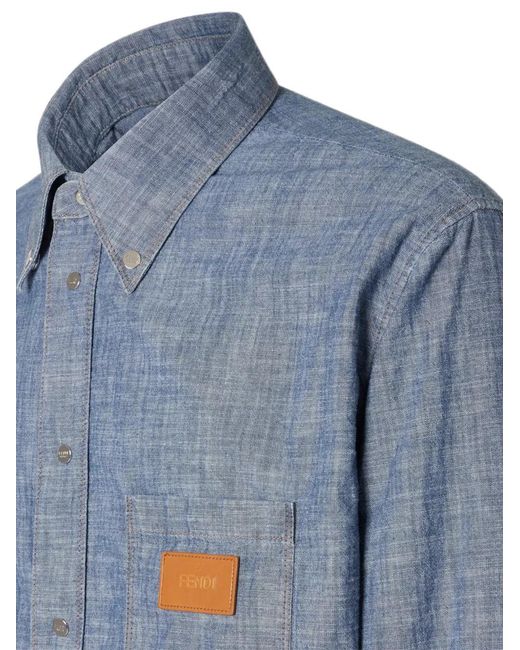 Fendi Blue Logo-Patch Button-Down Shirt for men