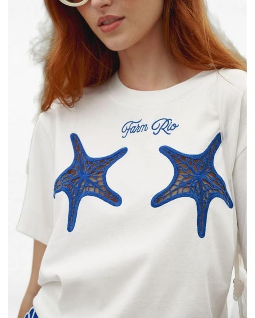 Farm Rio Gray Starfish-Motif Embroidered T-Shirt