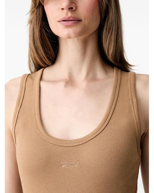 Karl Lagerfeld Natural Ribbed-Knit Logo-Embroidered Top
