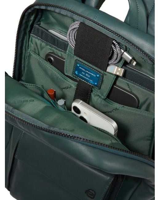 Piquadro Green Multi-Pocket Leather Backpack for men
