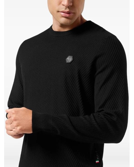 Philipp Plein Black Ribbed Logo-Plaque Sweater for men