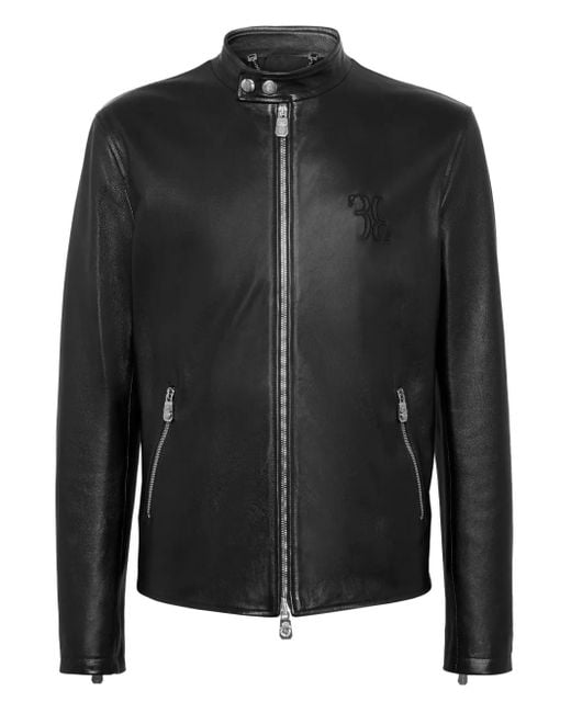 Billionaire Black Embroidered Zip-Fastening Leather Jacket for men