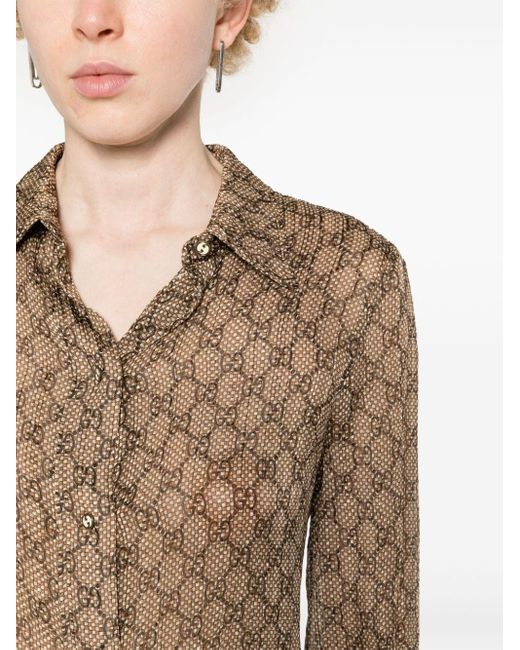 Gucci Brown GG Damier Print Silk Shirt