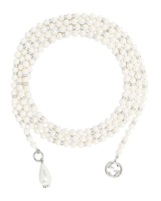 Gucci White Interlocking G Wrap Pearl Necklace