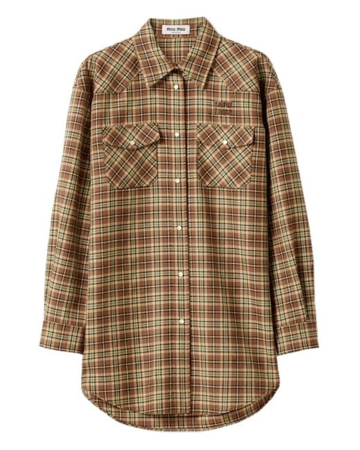 Miu Miu Geruite Blouse Met Drukknoopsluiting in het Natural