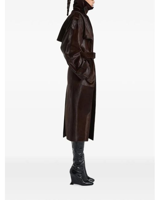Balmain Brown Belted Pony-Effect Leather Coat