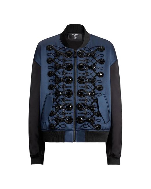 Balmain Blue Satin Bomber Jacket With Frogging for men