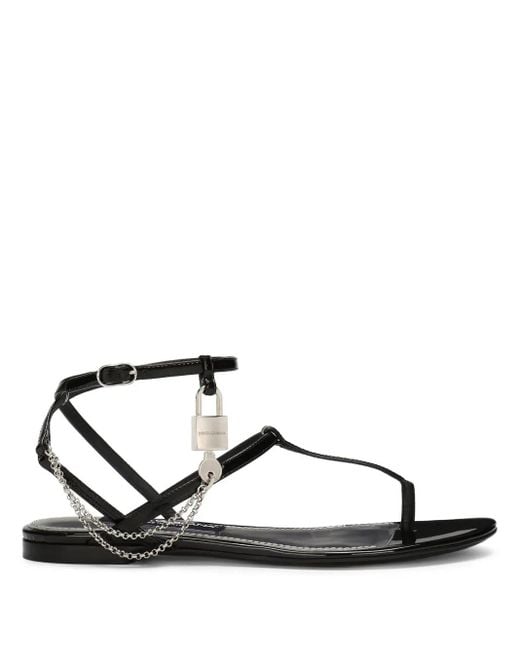 Dolce & Gabbana Black Padlock Patent-Leather Flat Sandals