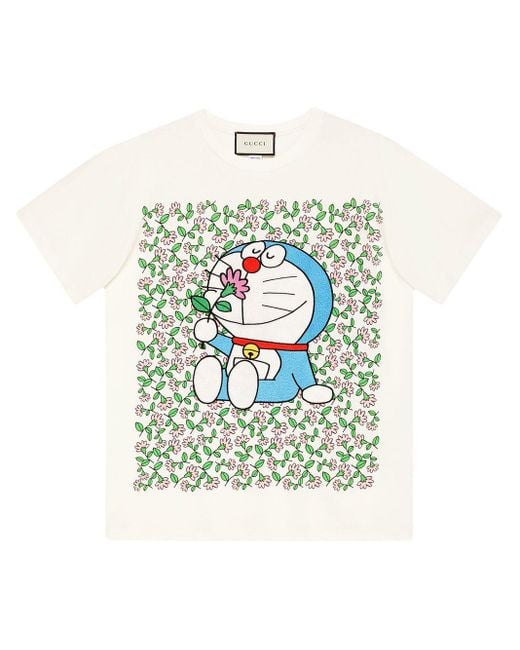 Gucci White X Doraemon T-Shirt mit Blumen-Print