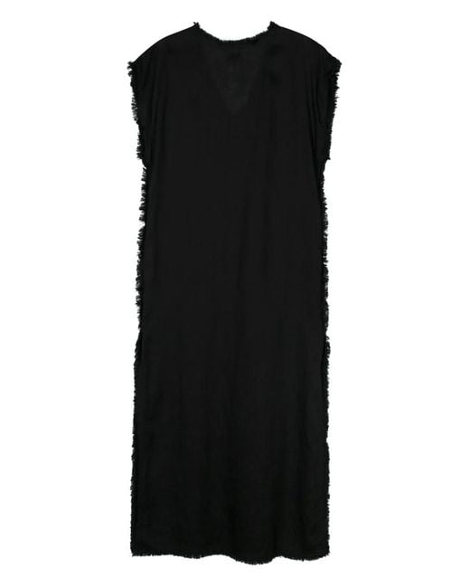 P.A.R.O.S.H. Black Frayed Linen Midi Dress