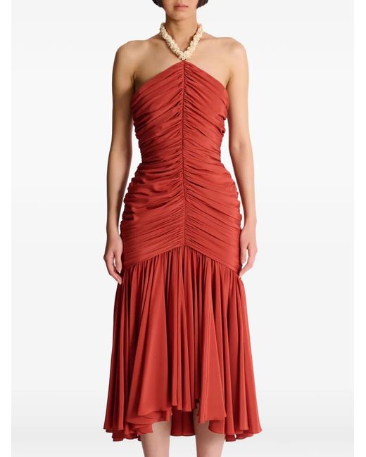 Balmain Red Ruched Halterneck Midi Dress